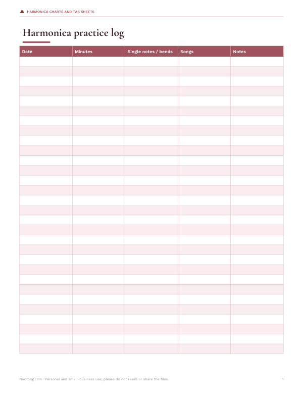 Preview of Printable Harmonica Practice Log